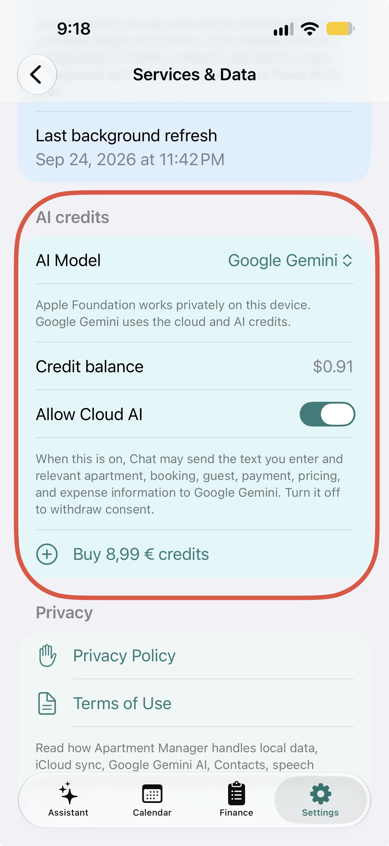 RentalBook AI settings with Gemini and Apple Foundation Model options