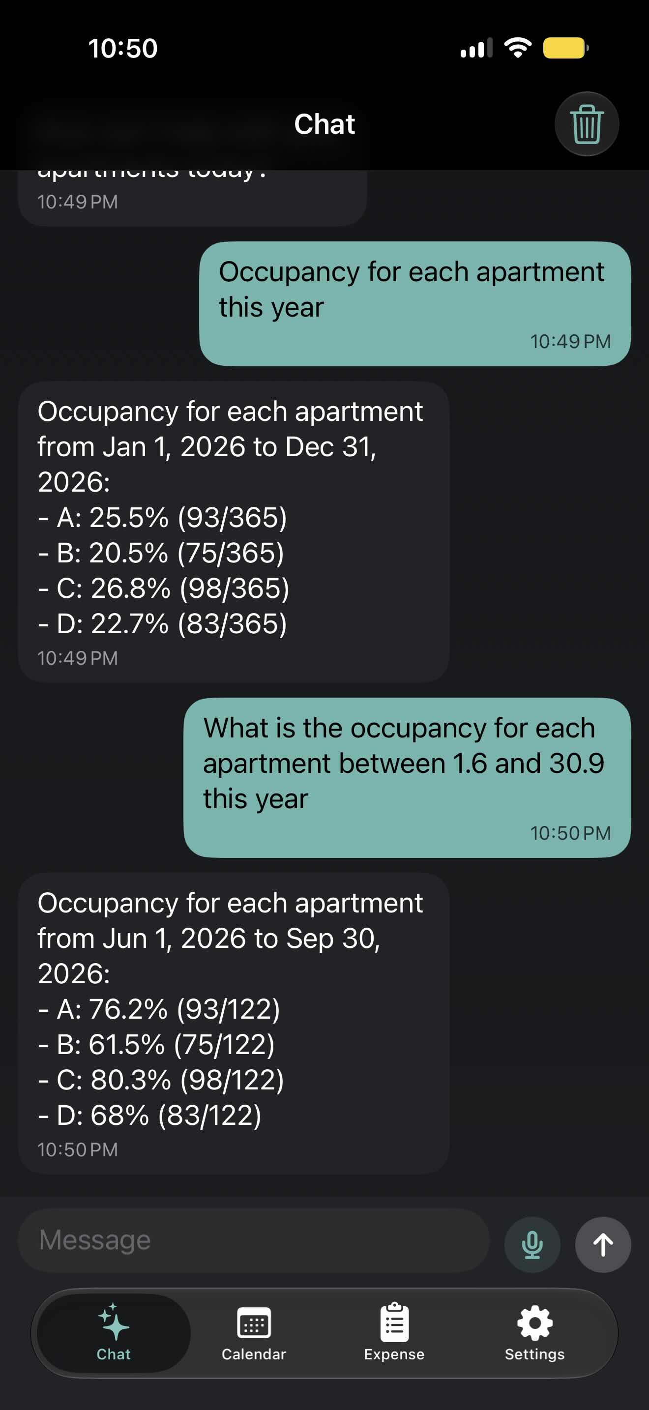 Occupancy statistics query screen