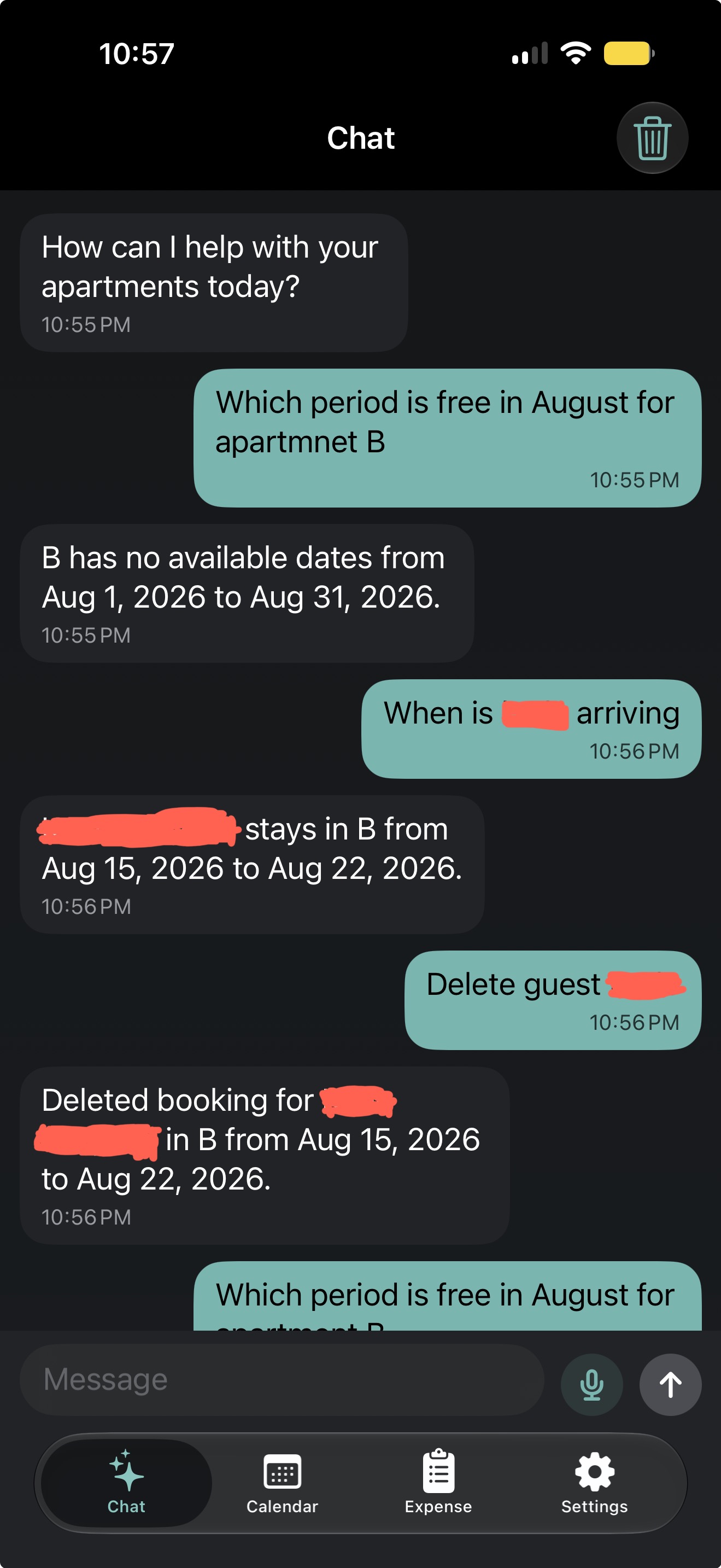 Booking deletion confirmation chat screen