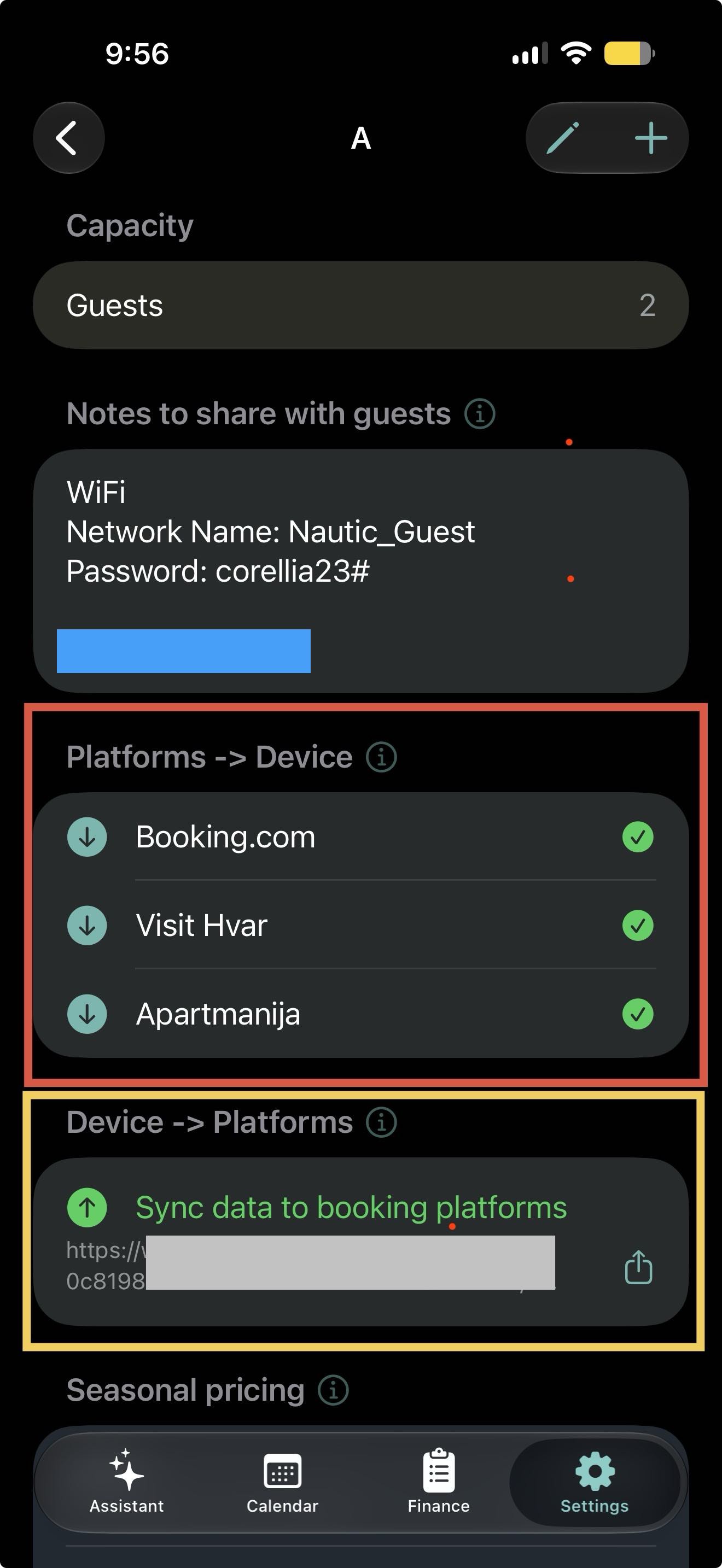 RentalBook Settings showing platform-to-device calendar imports and device-to-platform availability sharing