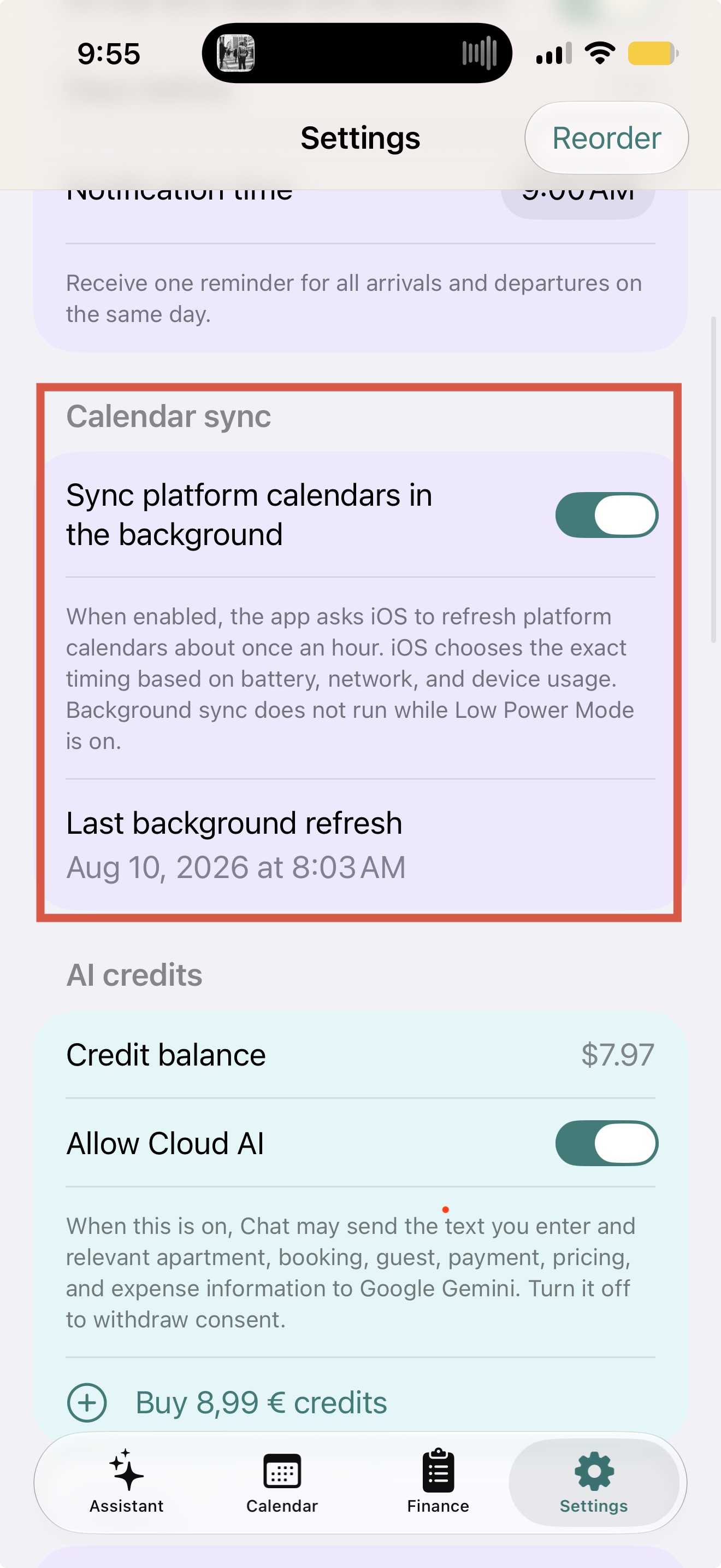 RentalBook Settings showing the background platform-calendar sync control and its most recent refresh time