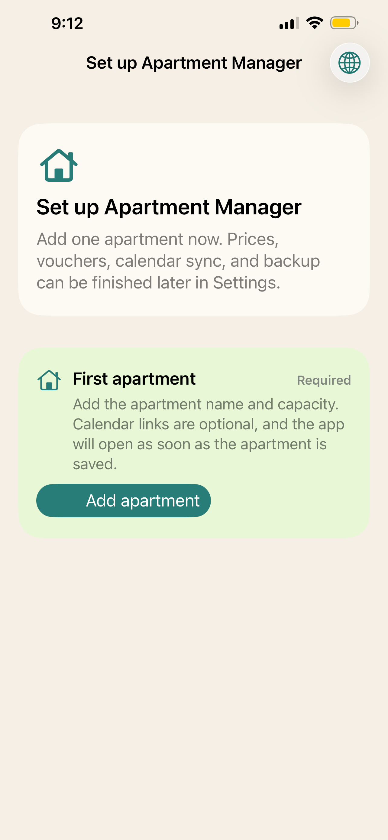 Apartment Manager first apartment setup screen