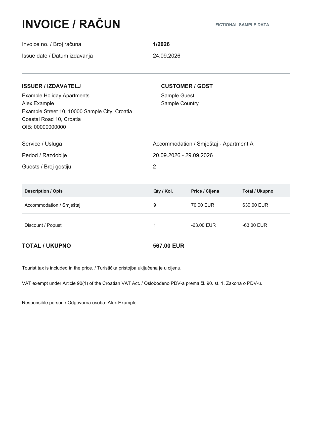 Fictional RentalBook invoice example with sample data