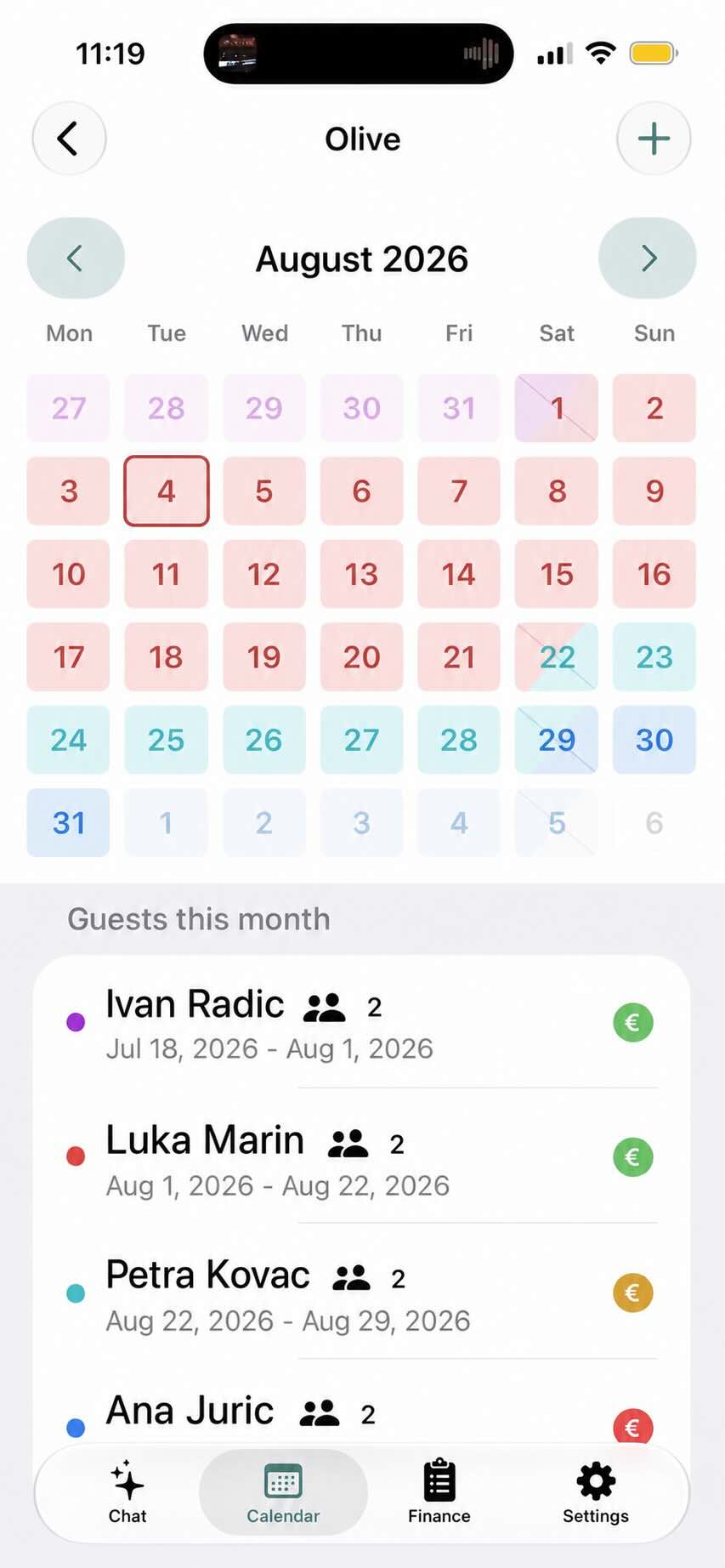 Monthly apartment availability calendar with guest list