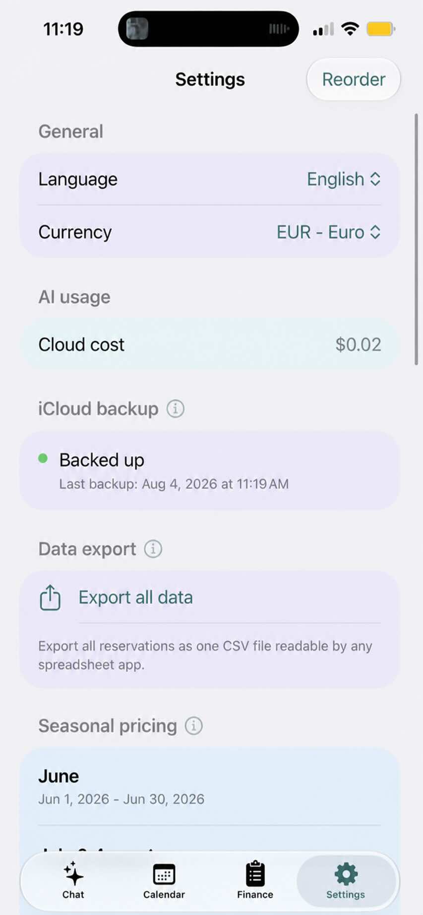 Apartment Manager settings with language, currency, backup, and export options