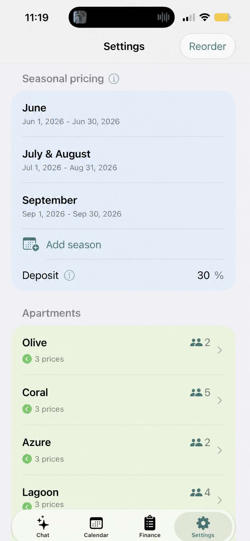 Seasonal pricing and apartment list in Apartment Manager settings