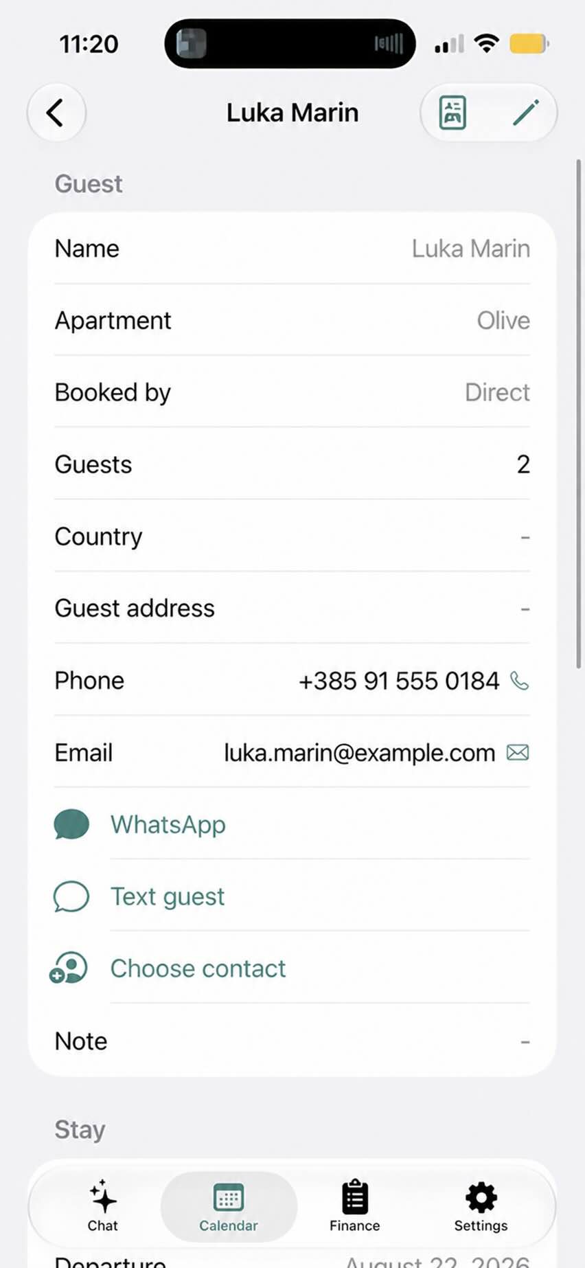 Guest profile with contact details and messaging actions
