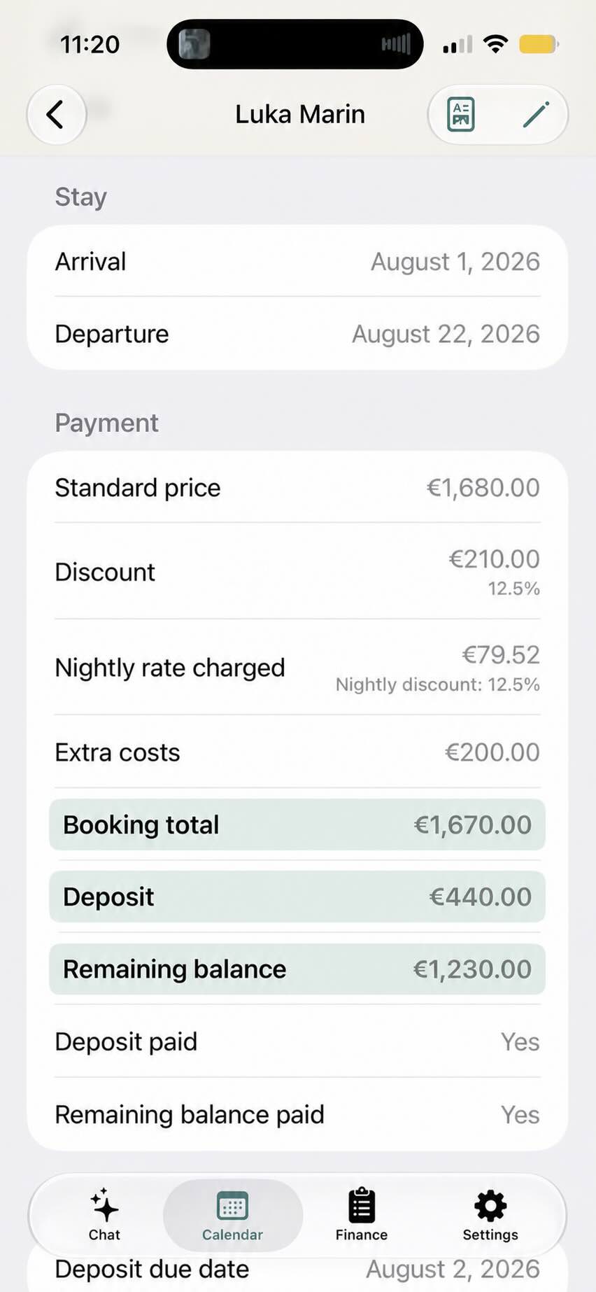 Booking payment details with total, deposit, and remaining balance