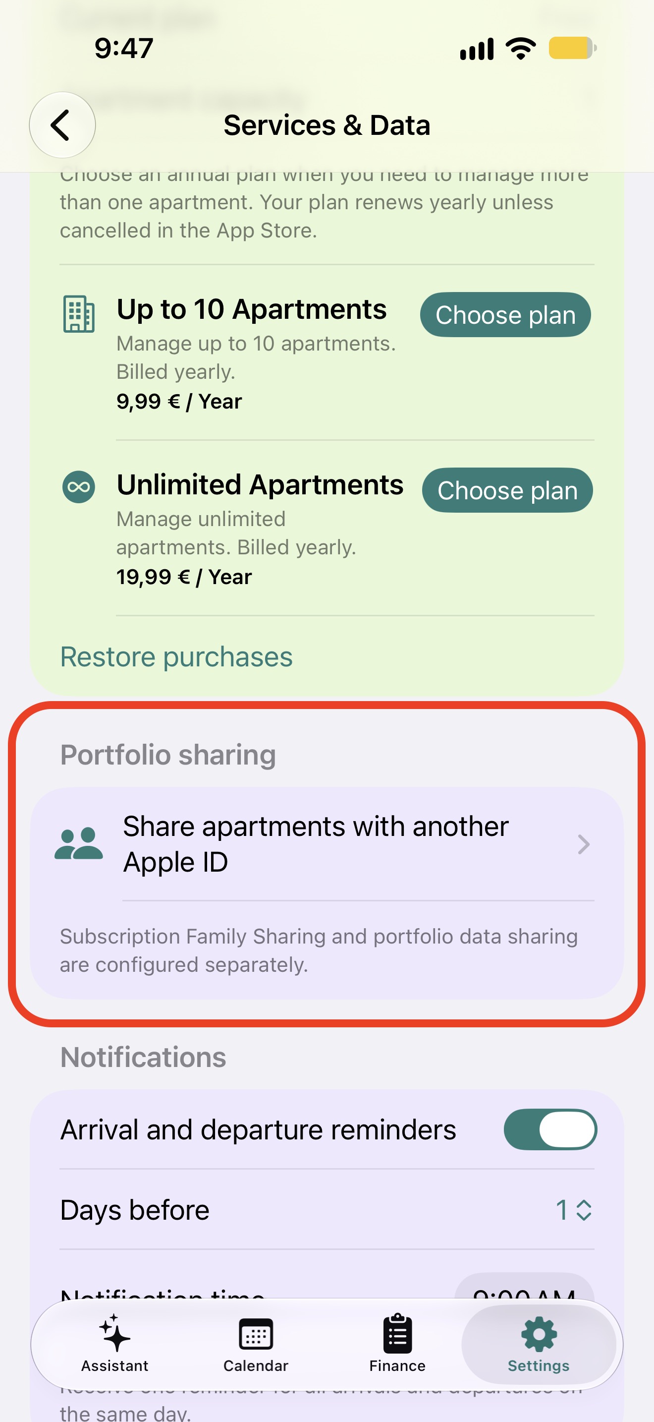 Portfolio sharing option in RentalBook settings