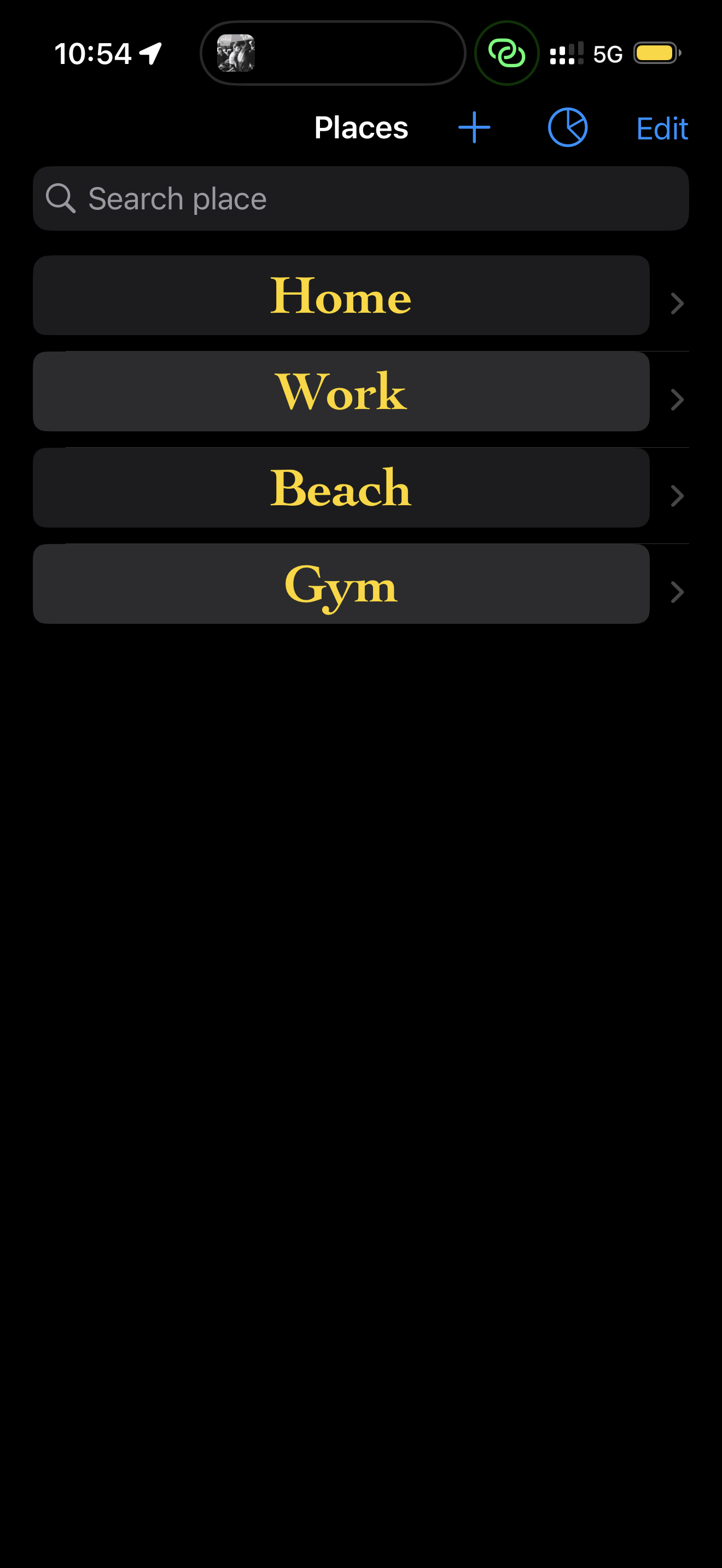 CheckOutIn places screen showing Home, Work, Beach, and Gym
