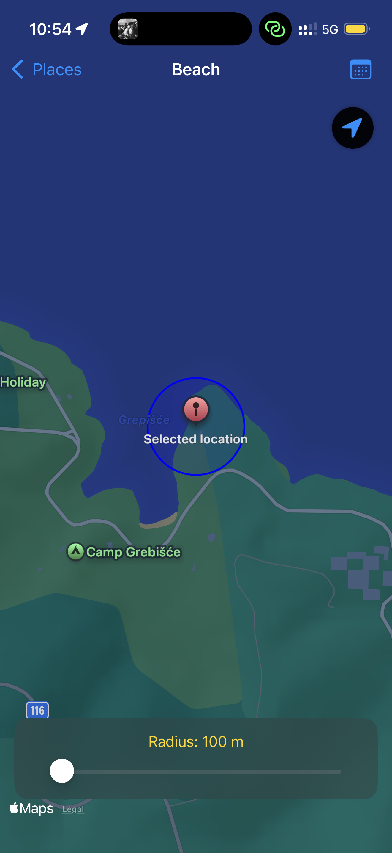 CheckOutIn map showing a selected Beach location and radius
